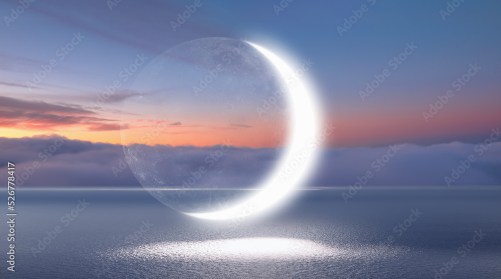 Poster ramadan concept - abstract background with crescent moon over the sunset clouds