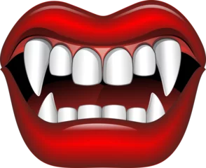 Glasschilderij Draw Vampier Bloody Scary Red Lips Mouth met grote hoektanden illustratie geïsoleerd element