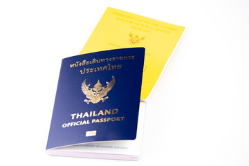 Thailand official passport and vaccine passport on the isolated white background. Certificate of vaccination for travel during coronavirus outbreak.