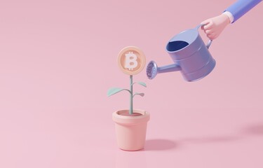 Hand holding watering can to water Bitcoin tree in pot, bitcoin or cryptocurrency investment, digital asset accumulation concept, 3d render illustration.