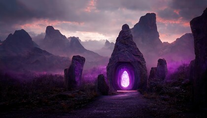 Mysterious purple glowing portal in old rock at highland - obrazy, fototapety, plakaty