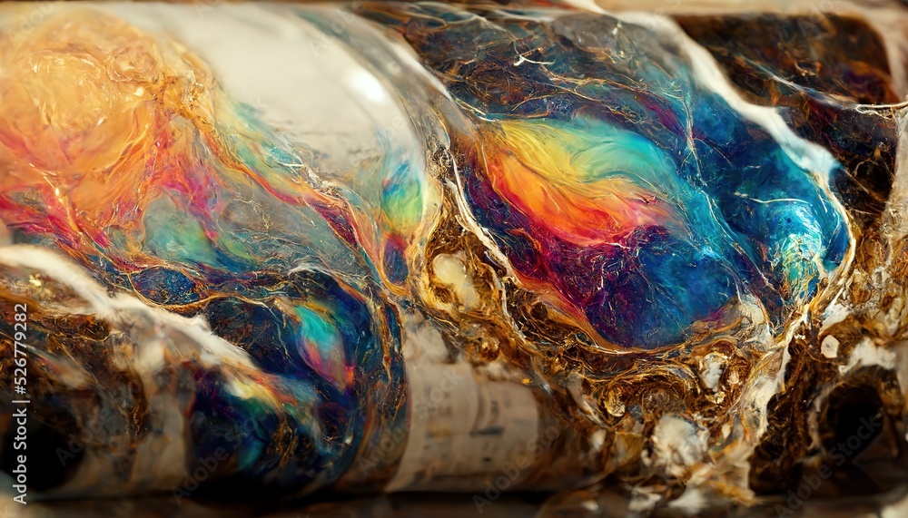 Poster transparent liquid splashes with rainbow flashes macro