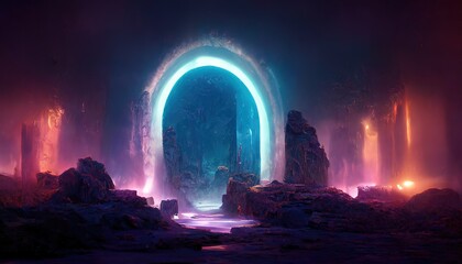 Illuminated arch portal in rock in underground dimension - obrazy, fototapety, plakaty