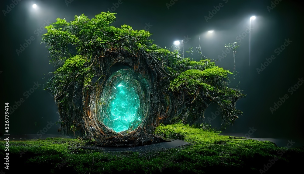 Wall mural glowing portal in old tree trunk on glade in dark space