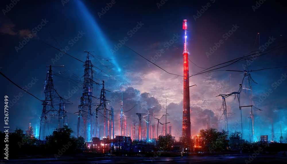 Aufkleber mobile network tower and power transmission lines in evening