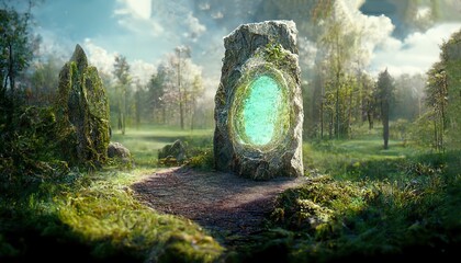 Magical portal glowing turquoise light in stone on glade - obrazy, fototapety, plakaty
