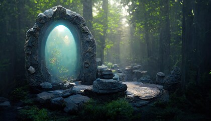 Old stone arch with portal glowing turquoise in shady forest - obrazy, fototapety, plakaty