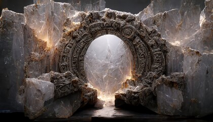 Portal in stone arch with magical symbols in mountain cave