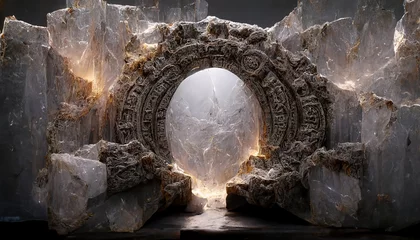 Foto op Plexiglas Bedehuis Portaal in stenen boog met magische symbolen in berggrot