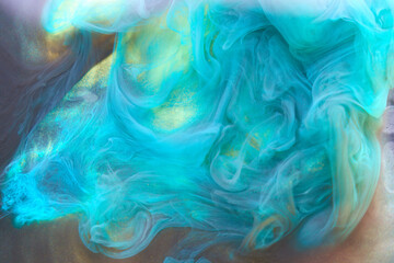 Multicolored emerald azure smoke abstract background, acrylic paint underwater explosion
