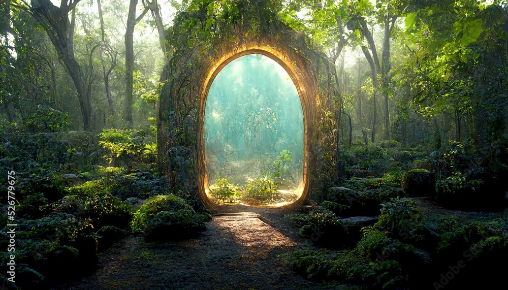 Wall mural magical portal with arch made with tree branches in forest