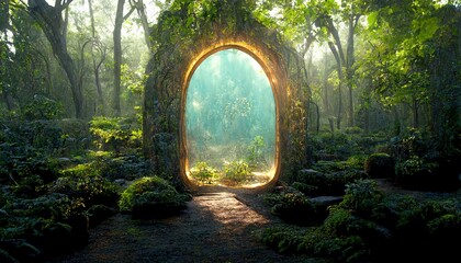 Fototapeta Magical portal with arch made with tree branches in forest obraz