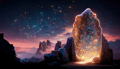 Fotobehang Fantastic crystal portal on alien planet under starry sky © Zaleman