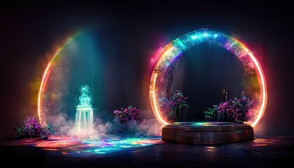 Portal with virtual rainbow arch in dark fantasy garden - obrazy, fototapety, plakaty