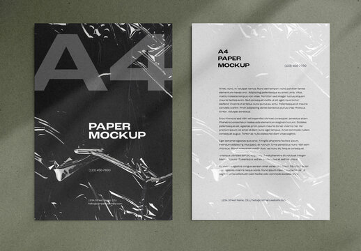 A4 Paper Mockup for Letterhead and Branding &ndash; Front and Back View with Transparent Plastic Wrap