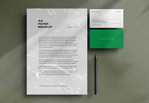 Stationary, Poster, A4 Paper, Letterhead, Flyer, Business card Mockup Design with Editable Background