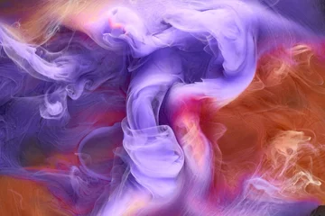 Fotobehang Multicolored orange lilac smoke abstract background, acrylic paint underwater explosion © amixstudio