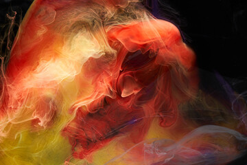 Fototapeta na wymiar Multicolored bright contrasting dark smoke abstract background, acrylic paint underwater explosion