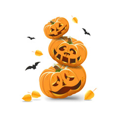Three funny pumpkins on top of each other with bats and leaves
