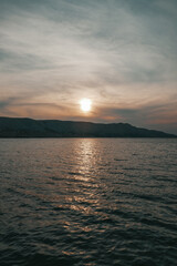 Pag, Croatia beautiful landscape. Mountains and sea, vacation in the south of Europe. Beautiful sunset on the sea.