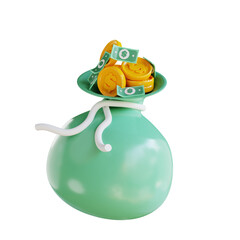 3D illustration money bag and pile of money