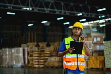 An Indian engineer in a vest with a protective helmet stands in a warehouse warehouse. Work in logistics. Warehousing. Freight and warehousing distribution, industrial labor concept.