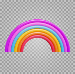 3d cartoon rainbow on transparent background. Minimal realistic design art element. Funny children toy. Glossy sweet decoration. Vector illustration.