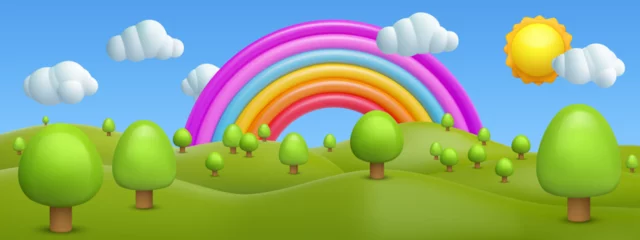 Fotobehang Regenboog 3d cartoon vector landscape composition with green hills, trees, rainbow, sun, white clouds. Modern stylised children concept background. Sweet nature environment panorama. Glossy kids toy elements.  © cgterminal