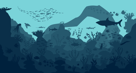 silhouette of coral reef with fish on blue sea background underwater vector illustration	
