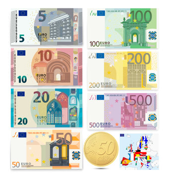 Euro banknotes. Money coins. Vector illustration.