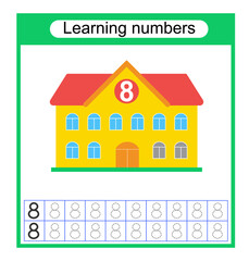 Preschool worksheet activity. Tracing dashed lines. Number worksheets for kids to practice writing the numbers. Number 8. Vector