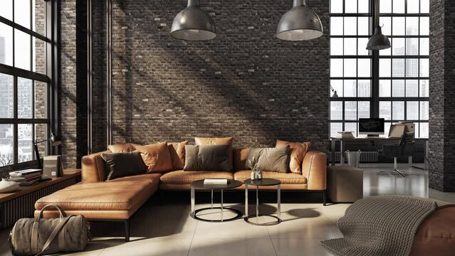 Nowoczesny loft, pok&oacute;j dzienny z wygodną sofą i stylowymi stolikami. W pomieszczeniu w głębi widać domowe biuro. Animacja pokazuje r&oacute;żne wersje kolorystyczne tego samego wnętrza.