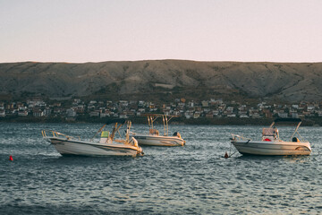Fototapeta premium Pag, Croatia beautiful landscape. Mountains and sea, vacation in the south of Europe. Beautiful sunset on the sea.
