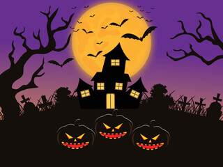 Halloween background with various trees, pumpkins, bats and graves.