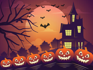 Fototapeta premium Halloween background with trees, bats, haunted house and pumpkins.