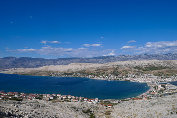 Pag, Croatia beautiful landscape. Mountains and sea, vacation in the south of Europe. Beautiful sunset on the sea.