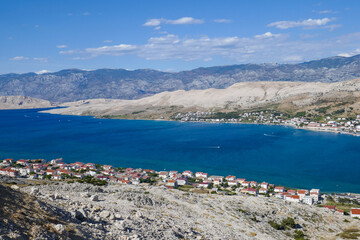 Pag, Croatia beautiful landscape. Mountains and sea, vacation in the south of Europe. Beautiful sunset on the sea.