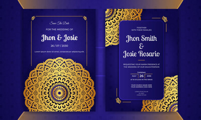 Luxury blue golden mandala wedding invitation card with floral pattern and background