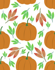 illustration of a seamless pattern of pumpkins and autumn leaves as a background for gift wrapping, a print for clothes and utensils, the concept of autumn and the holiday of halloween.  banners and a