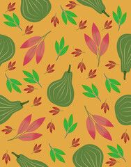 illustration of a seamless pattern of pumpkins and autumn leaves as a background for gift wrapping, a print for clothes and utensils, the concept of autumn and the holiday of halloween.  banners