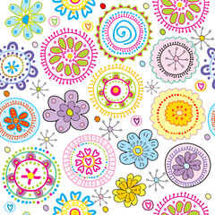 Hand-drawn colorful floral pattern on white background
