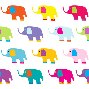 Hand-drawn colored elephants seamless pattern on white background