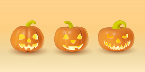 Set of 3D realistic funny smiling pumpkins with difficult faces and a green stalks. Illustration of a cute orange vegetables with inner glow. Isolated vector clipart for Helloween
