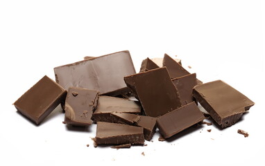Dark chocolate with cocoa bars, pieces isolated on white  