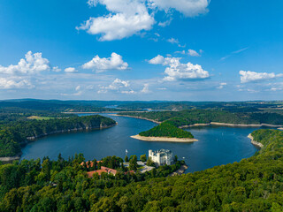 Czechia, Orlik Castle and Vltava River Aerial View. Czech Republic. Beautiful Summer Green Landscape with Orlík Water Reservoir and Boats. View from Above. 