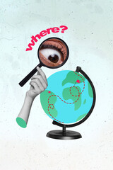 Vertical collage illustration of globe planet earth observation huge big eye isolated on drawing...