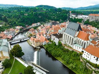 Czechia. Cesky Krumlov. A beautiful and colorful historical Czech town. The city is UNESCO World Heritage Site on Vltava river. Aerial view from drone. Czech, Krumlov. Europe. 