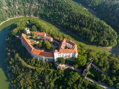 Aerial View of Dyja River and B&iacute;tov Castle in Czechia. Europe.