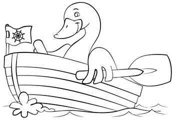 Duck on the boat. Element for coloring page. Cartoon style.