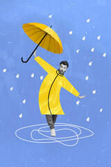 Vertical collage picture of impressed crazy gun black white colors walking hold umbrella rainy...